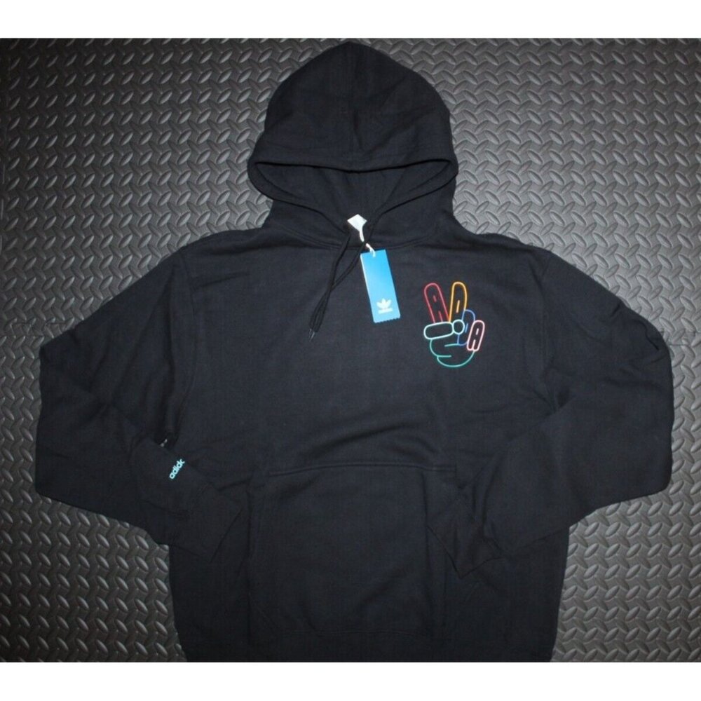 NEW MENS ADIDAS ORIGINALS PEACE SIGN TREFOIL HOODIE ~SIZE LARGE #HC1789 BLACK - Picture 7 of 8